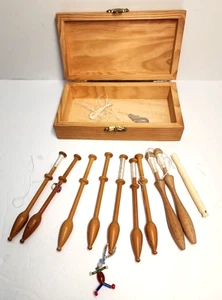 Traditional Danish Lace Making 9 Wood Bobbins Wooden Box Beaded Figure More Lot - Picture 1 of 21