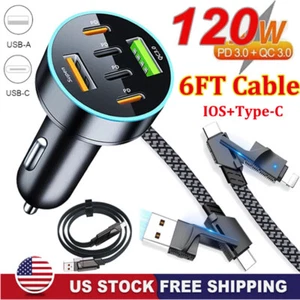 120W Fast Car Charger 6-Port Adapter & Cable For Samsung A16 A15 25 35 55 A06 05 - Picture 1 of 27