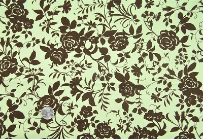 ROBERT KAUFMAN sage green brown cotton fabric 2 yds baby girls quilt floral rose - Image 1 of 2