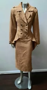 HI LO PEPLUM FAUX SUEDE JACKET SKIRT DOUBLE BREAST VTG STRUCTURED SPLIT 2 PC 10 - Picture 1 of 7
