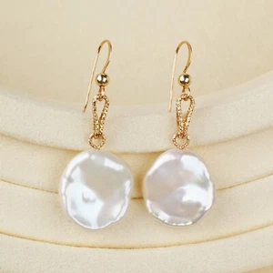 Handmade~15.9×17.3mm White FW Pearl Earrings 14K Yellow Gold Filled,1.65" - Imagen 1 de 5