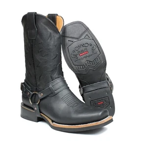 Men's Genuine Leather Cowboy Biker Boots Retro Riding Boots Botas Vaqueras - Picture 1 of 7