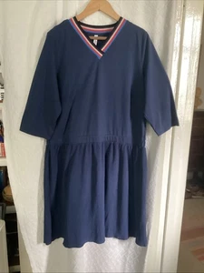 Sheego Navy Blue V Neck Pleated Skirt 3/4 Sleeve Dress Size 22 - Picture 1 of 8