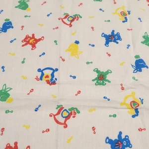 Cotton Fabric Vintage Baby Bears Bunnies Rattles White Multicolor 20x42" Nursery - Picture 1 of 10