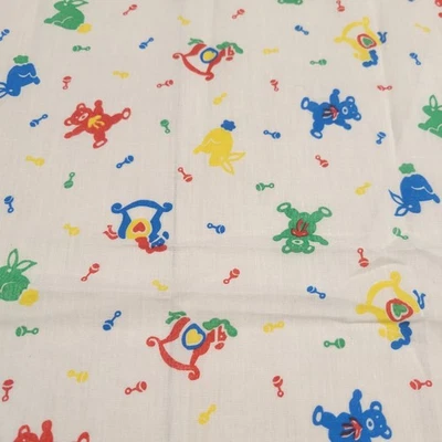 Cotton Fabric Vintage Baby Bears Bunnies Rattles White Multicolor 20x42" Nursery - Image 1 of 4