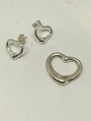Elsa Peretti Tiffany & Co  Sterling Silver Open Heart Earrings And Pendant Set - Image 1 of 4