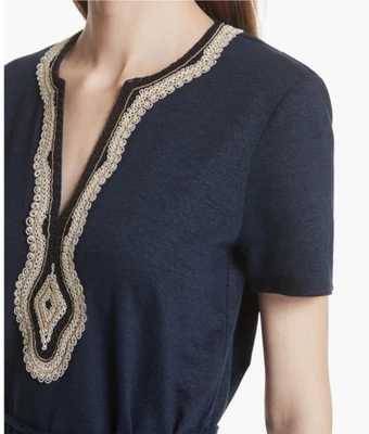 Tory Burch Liliana Soutache льняное платье / темно-синий / размер маленький - Изображение 1 из 4