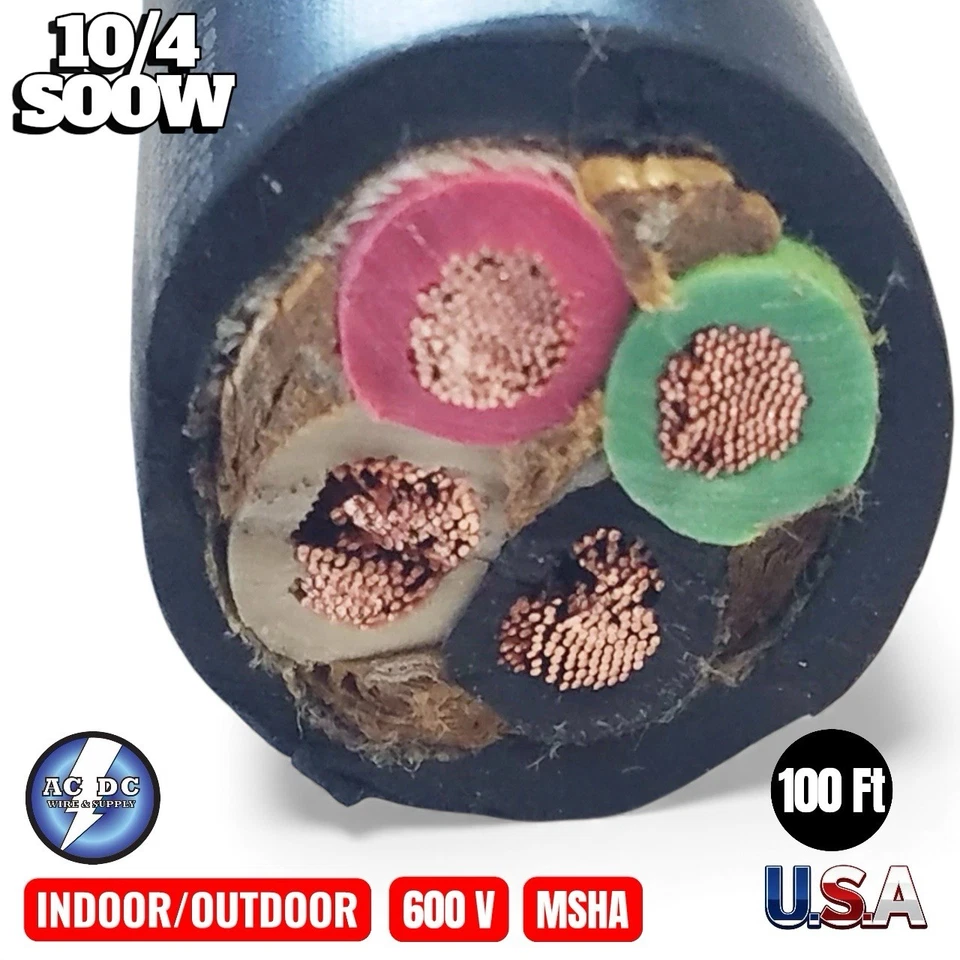 10/4 SOOW SO Cord 100 FT HD USA Portable Outdoor Indoor 600V Flexible CABLE USA - Image 1 of 2