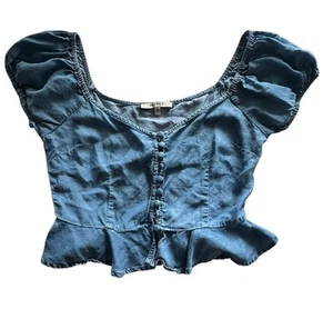 Papaya Cropped Top Denim Blue Puff Sleeves Buttons Ruffle 100% Tencel Flirty SM - Picture 1 of 9
