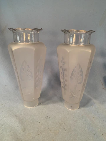 Antique pair Frosted Glass Lamp Shades Etched Ruffled Top Floral Design 8" tall Cover