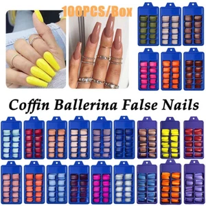 100 pcs Coloured Long Full Cover False Nails Ballerina Coffin French Acrylic ♪ - Picture 1 of 50