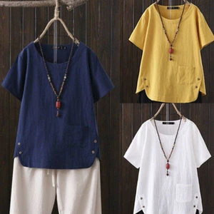 Blusa de algodón y lino para damas de verano para mujeres suelta manga corta bolsillo Prendas para el torso Camiseta - Imagen 1 de 10
