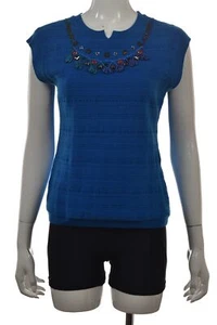 Nanette Lepore Damen Pullover Größe L Blau Rundhals Ärmellos Wolle Shirt Oberteil - Bild 1 von 5