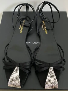New Saint Laurent YSL Freja Crystal Black Satin Strappy Flat Sandals 37.5 $1295 - Picture 1 of 12