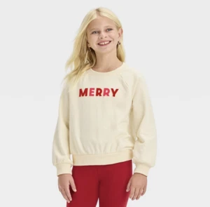 Holiday Merry Girls' Crew Neck French Terry Pullover Sweatshirt - Cat & Jack™ - Picture 1 of 2