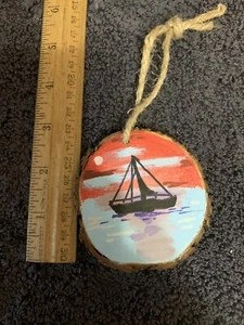 3” Wood Ornament Hand Painting Shortiez Ink Christmas Decor Boat Sunset Ocean - Picture 1 of 1