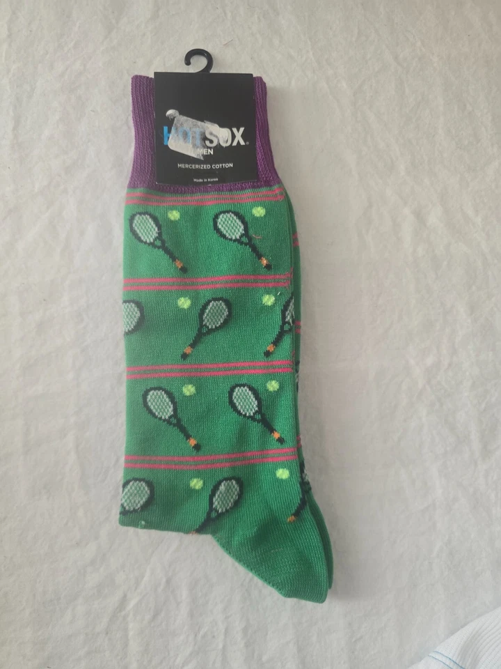 Hot Sox Tennis Crew Socks Green with Tennis Racquets Orange Stripes Purple Tops - Image 1 of 1