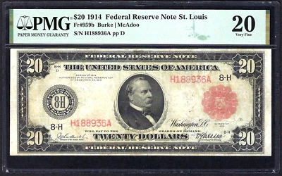 🇺🇸 1914 $20 RED SEAL FR-959b ♚♚ ST. LOUIS ♚♚ PMG VF 20 ONLY 20 KNOWN! SCARCE! - Image 1 of 2