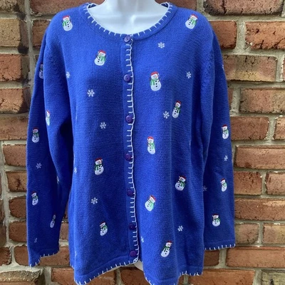 The Quacker Factory Blue Snowman Ugly Christmas Sweater Holiday Cardigan Medium - Image 1 of 4