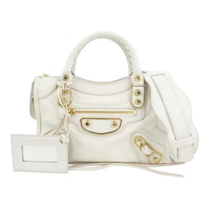 BALENCIAGA Leather Classic Mini City 2Way Bag Hand Bag White 390160 Used F/S - Picture 1 of 12