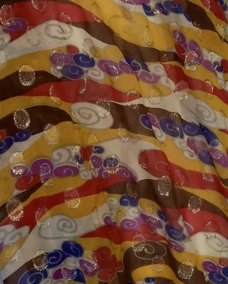 9 Yards Georgette W Metallic Gold Accents Swirling Art Deco Clouds Vtg Fabric - Image 1 of 4
