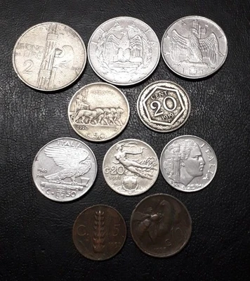 ITALIA REGNO 0 MONETE CON  IMPERO 1 E 2 LIRE  BUONO 2 LIRE  E LEONI 50 CIRCOLATE - Immagine 1 di 4