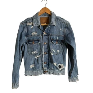 American Eagle Distressed Jeansjacke Damen Gr. XXS blau Jeans ausgefranst edgy - Bild 1 von 13