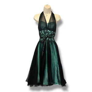 Y2K Cache Halter Dress Winter Formal Prom 2 Mint Green & Black Fit & Flare XS - Picture 1 of 6