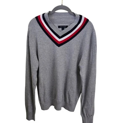 Tommy Hilfiger Cricket V Neck Sweater Gray Red White Blue Stripe Unisex Size M - Image 1 of 4