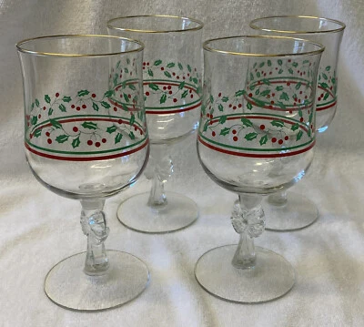 Arby’s Red and Green Holly Berry Wine Glasses Gold rim Bow on stem Lot Of 4 - Image 1 of 4
