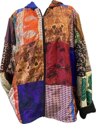 NUEVO CON ETIQUETAS Hippy Boho Invierno Seda Retazos Forro Polar Sudadera con Capucha Chaqueta Abrigo Nepal J1 Foto 1 de 4