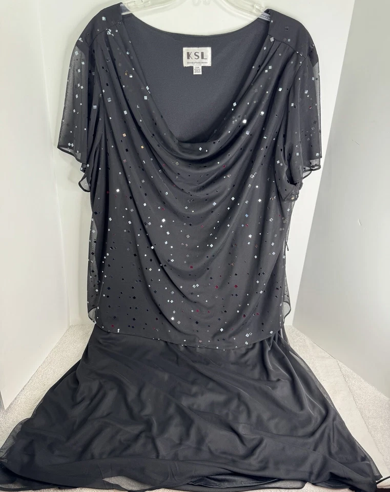 KSL Карин Стивенс 24 Вт черный блестящий трепетать рукав капот шеи платье без ремня - Изображение 1 из 4