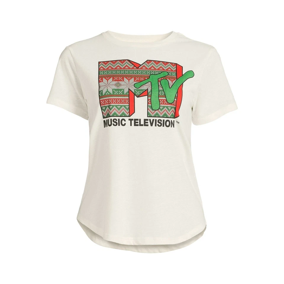 MTV Juniors Women's 2XL 19 Cream MTV Music Television Short Sleeve Tee Shirt