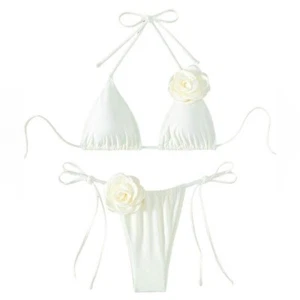 Women's Two Piece Bikini Floral Appliques Backless Halter Swimsuit Size Small - Picture 1 of 8