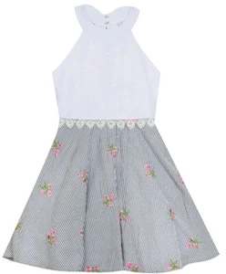 Rare Editions Big Girl's Eyelet Bodice Embroidered Floral Skirt Dress-Size-12 - Picture 1 of 3