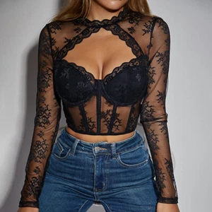 Langarm Bügel Fishbone Slim Fit Top Sexy Blumen Spitze Cutout Rundhals - Bild 1 von 10