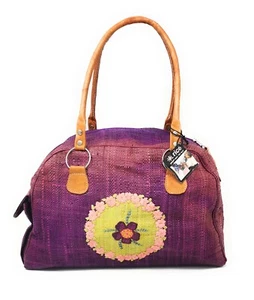 rice.dk Vintage Damen Tragetasche Raffia Bast mit Blumenstickerei in Lila - Bild 1 von 9