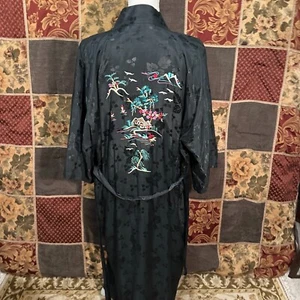 Bata kimono de seda bordada a mano doble melocotón para mujer grande negra floral - Imagen 1 de 13