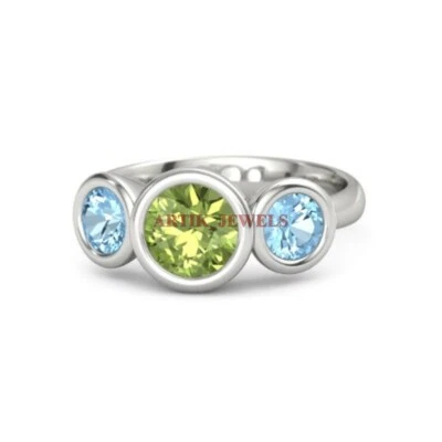 Naturale Peridoto & Topazio Blu Gemma Con 925 Argento Sterling Donna Anello 4447 - Immagine 1 di 4