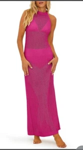 Bathing Suit Cover Up Pink Crochet Boho Summer Beach Long Sundress size Small - Picture 1 of 10
