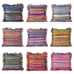 Beautiful Multi Color Cotton Chindi Pillow Cover Bohemian Pillow Cover Recycled - Picture 1 of 44