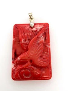 Vintage Carved Pink Red Coral Eagle Bird Pendant Necklace Asian - Picture 1 of 3