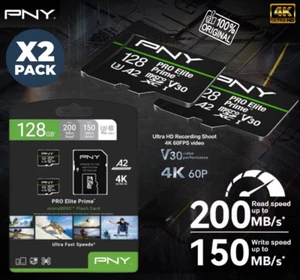 Pack 2 carte mémoire Micro SD 128GO PNY Pro Elite Prime C10 U3 V30 200MB/s NEUF - Picture 1 of 2