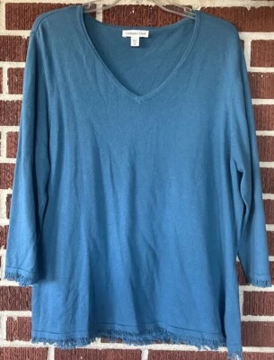 Suéter Coldwater Creek verde azulado con flecos mangas 3/4 algodón/cachemira/lana mezcla XL Foto 1 de 3