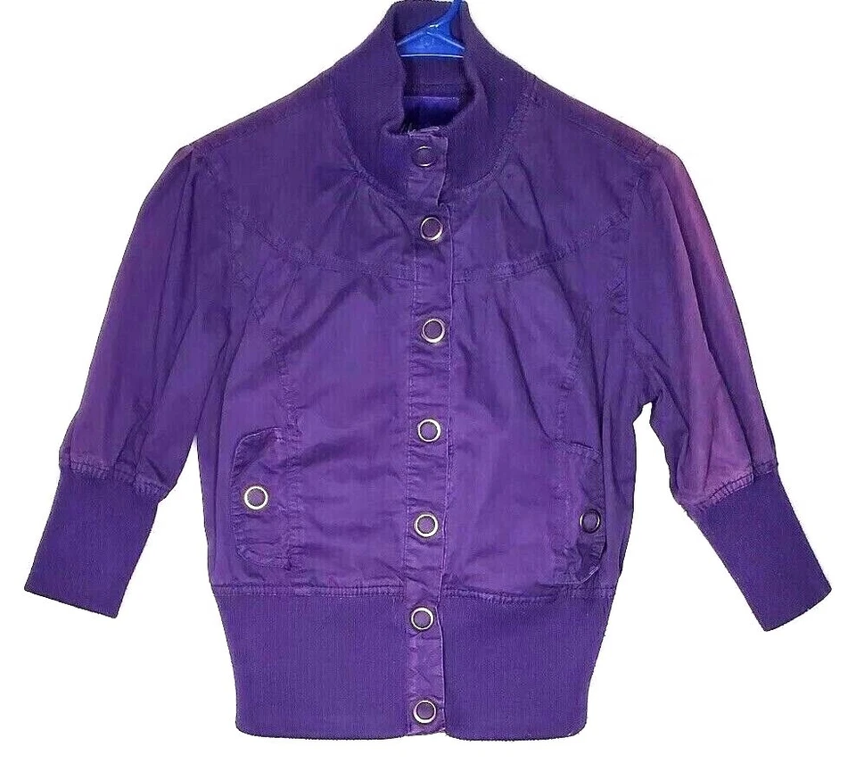 Miley Cyrus MAXazria Girl L Jacket Purple Snap Front Pockets Band Waist Sleeves  - Image 1 of 4