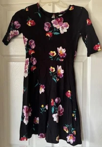 Old Navy girls black 3/4 length sleeve dress Hawaiian Flowers, size 10/12 - Picture 1 of 3