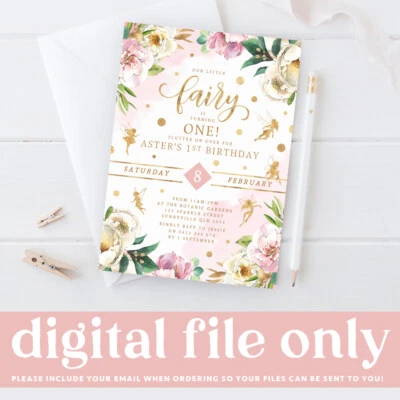 Printable Girl's Fairy Theme 1st Birthday Invite, Pink Gold Fairies Digital File - Image 1 of 3