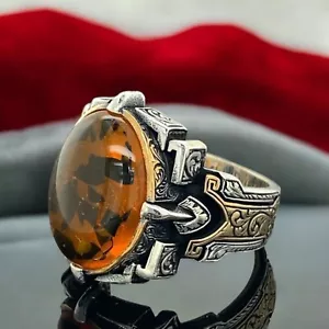 925 Sterling Silver Men's Ring with Amber Stone - Picture 1 of 6