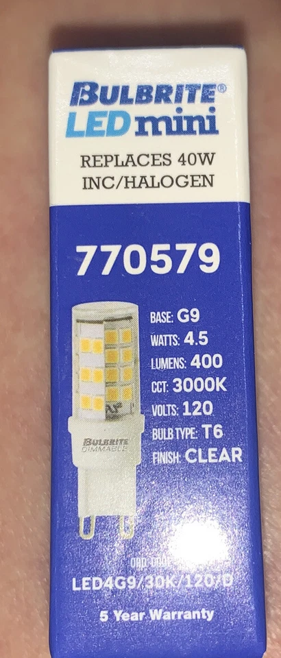 Bulbrite 770579 4.5 Watt LED T4, G9 Base, 3000 Kelvin, Warm White, Clear, 400 Lu - Image 1 of 1