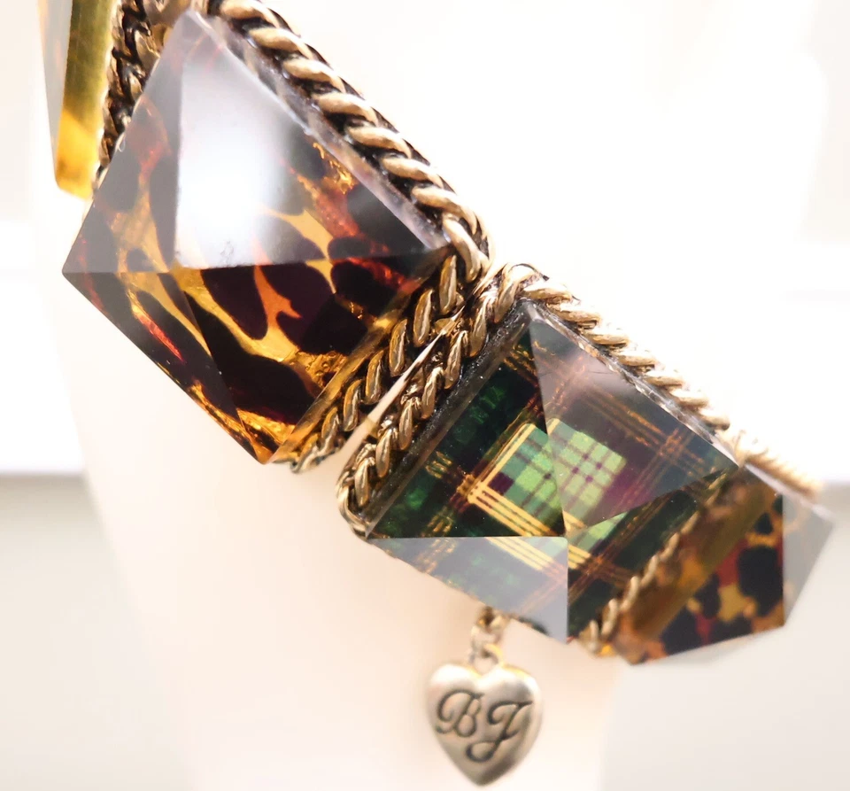 Pulsera Betsey Johnson pirámides a cuadros con estampado de leopardo Lucite firmada tono dorado Foto 1 de 4